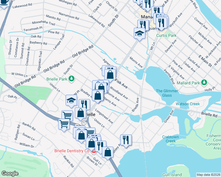 map of restaurants, bars, coffee shops, grocery stores, and more near 549 Woodland Avenue in Brielle