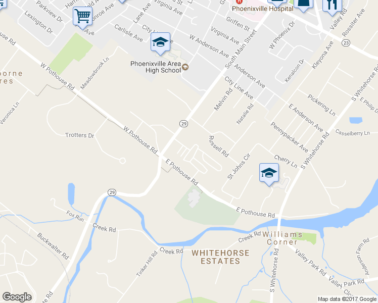 map of restaurants, bars, coffee shops, grocery stores, and more near 24 Terrace Drive in Phoenixville