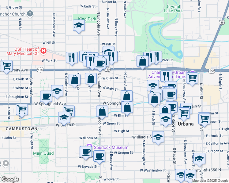 map of restaurants, bars, coffee shops, grocery stores, and more near 711 West Main Street in Urbana