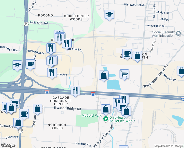 map of restaurants, bars, coffee shops, grocery stores, and more near 7300 Huntington Park Drive in Columbus