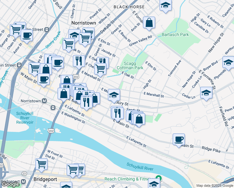 map of restaurants, bars, coffee shops, grocery stores, and more near 437 East Moore Street in Norristown