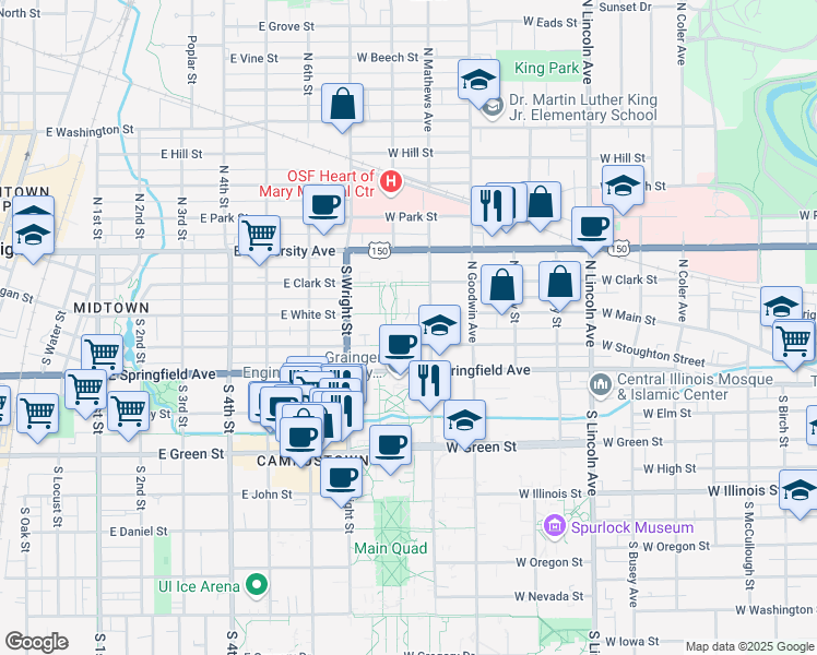 map of restaurants, bars, coffee shops, grocery stores, and more near 205 North Mathews Avenue in Urbana