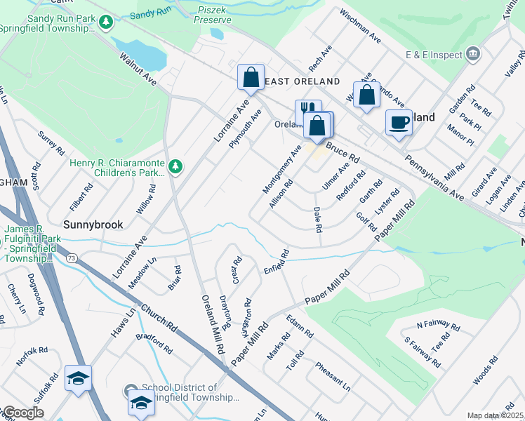 map of restaurants, bars, coffee shops, grocery stores, and more near 227 Allison Road in Oreland