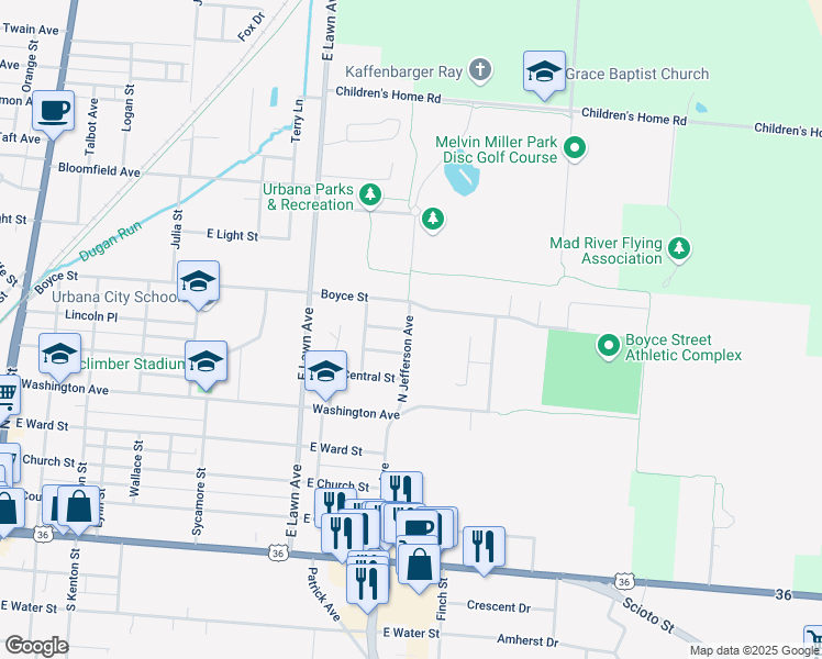 map of restaurants, bars, coffee shops, grocery stores, and more near 815 Boyce Street in Urbana