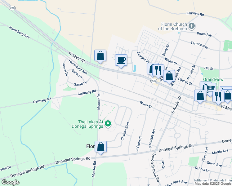 map of restaurants, bars, coffee shops, grocery stores, and more near 1047 Wood Street in Mount Joy
