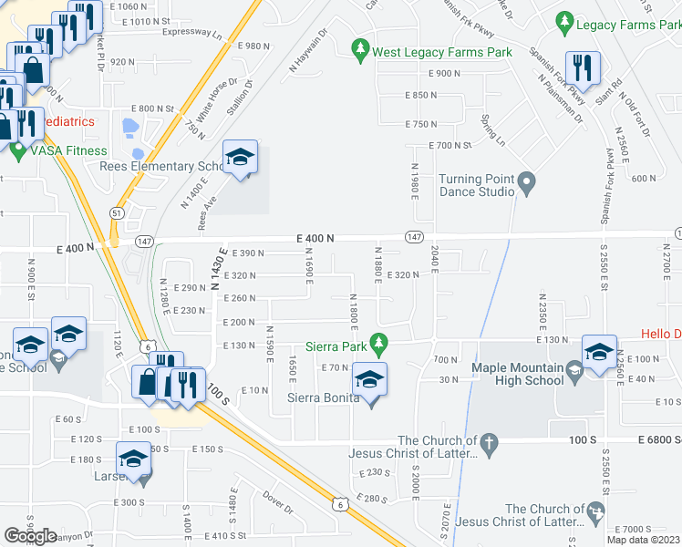 map of restaurants, bars, coffee shops, grocery stores, and more near 1750 East in Spanish Fork