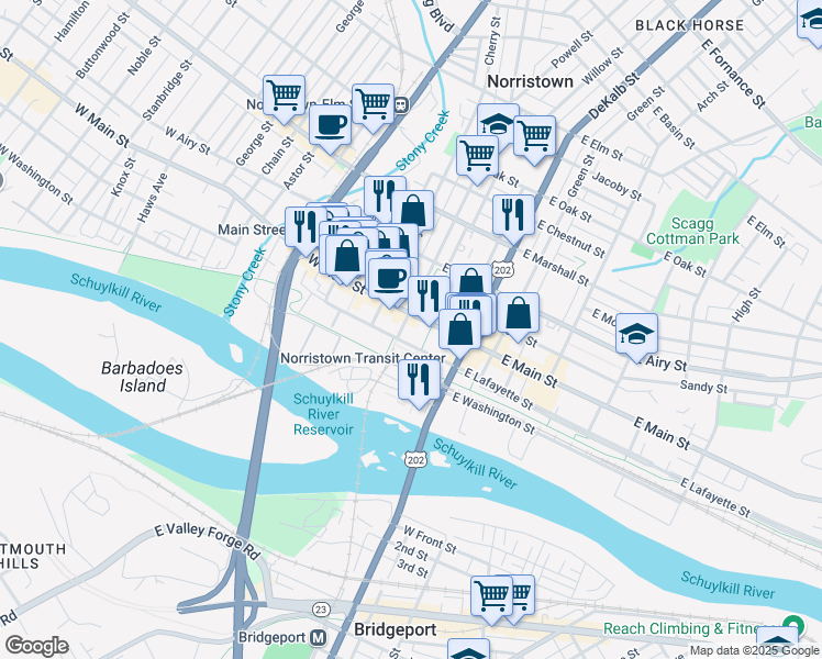 map of restaurants, bars, coffee shops, grocery stores, and more near 2 East Main Street in Norristown