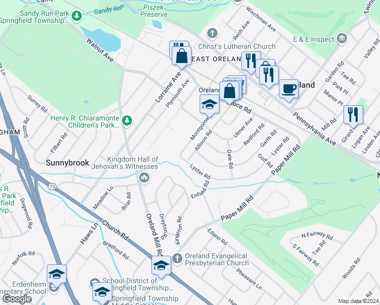 map of restaurants, bars, coffee shops, grocery stores, and more near 227 Allison Road in Oreland