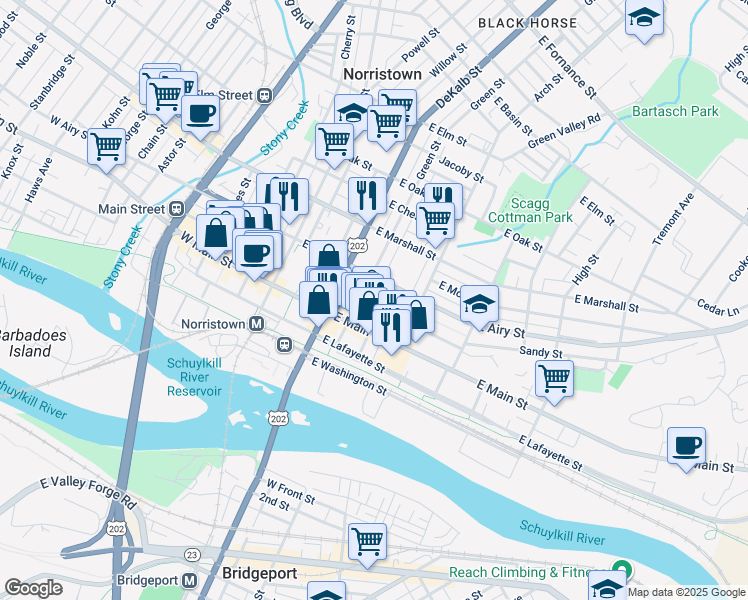 map of restaurants, bars, coffee shops, grocery stores, and more near 215 East Penn Street in Norristown