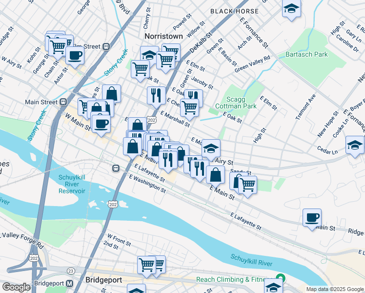 map of restaurants, bars, coffee shops, grocery stores, and more near E Airy St & Arch St in Norristown