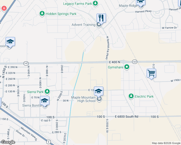 map of restaurants, bars, coffee shops, grocery stores, and more near 2302 East 320 North in Spanish Fork