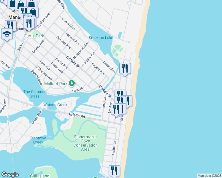 map of restaurants, bars, coffee shops, grocery stores, and more near 135 3rd Avenue in Manasquan