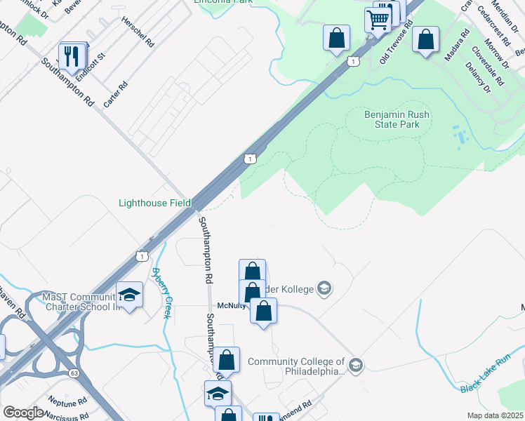 map of restaurants, bars, coffee shops, grocery stores, and more near 15001-15175 Roosevelt Boulevard in Philadelphia