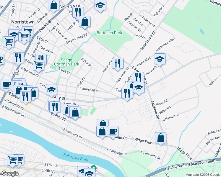 map of restaurants, bars, coffee shops, grocery stores, and more near 901 New Hope Street in Norristown