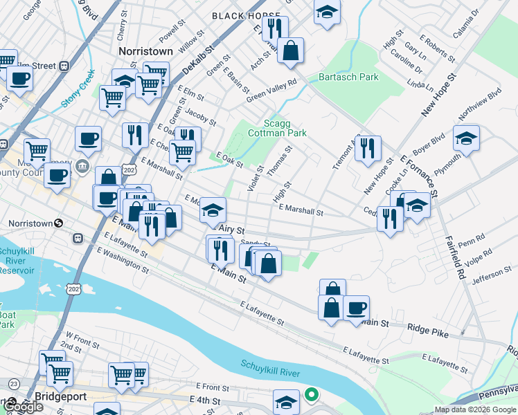 map of restaurants, bars, coffee shops, grocery stores, and more near 513 East Marshall Street in Norristown