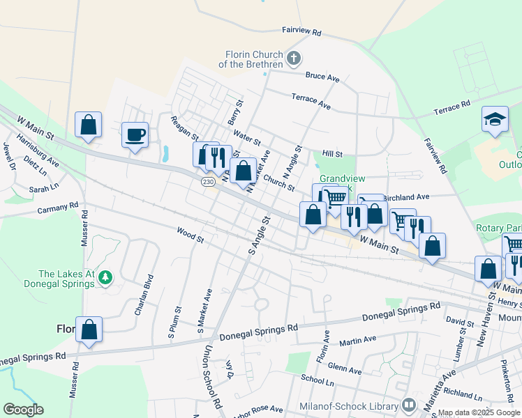 map of restaurants, bars, coffee shops, grocery stores, and more near 709 West Main Street in Mount Joy