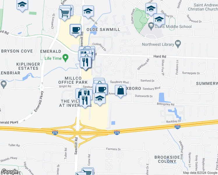 map of restaurants, bars, coffee shops, grocery stores, and more near 2649 Sandbury Boulevard in Columbus