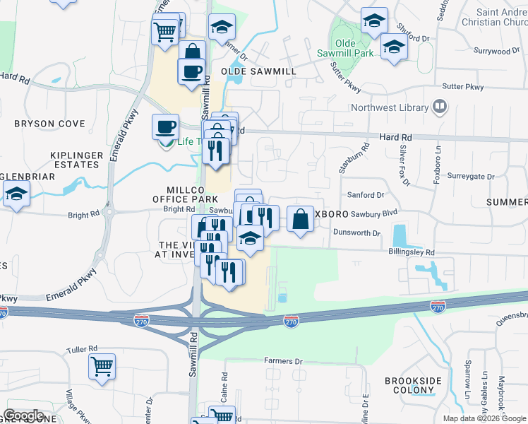 map of restaurants, bars, coffee shops, grocery stores, and more near 2649 Sandbury Boulevard in Columbus