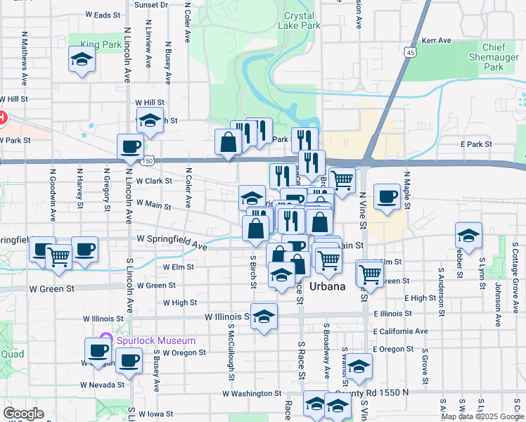 map of restaurants, bars, coffee shops, grocery stores, and more near 306 West Griggs Street in Urbana