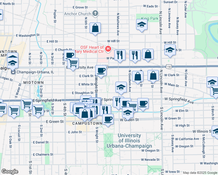 map of restaurants, bars, coffee shops, grocery stores, and more near 1308 West Main Street in Urbana