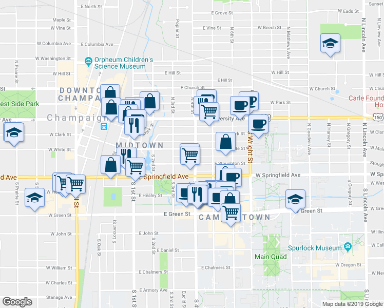 map of restaurants, bars, coffee shops, grocery stores, and more near 308 East White Street in Champaign