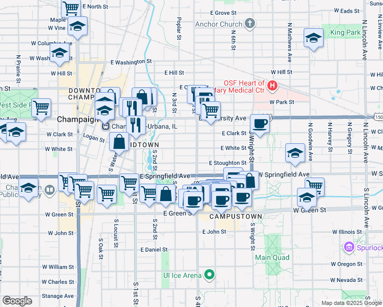 map of restaurants, bars, coffee shops, grocery stores, and more near 308 East White Street in Champaign
