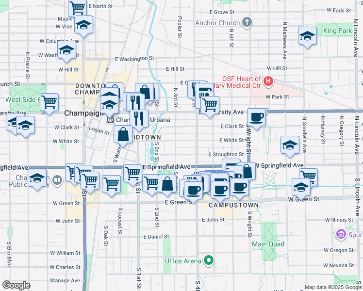 map of restaurants, bars, coffee shops, grocery stores, and more near 308 East White Street in Champaign