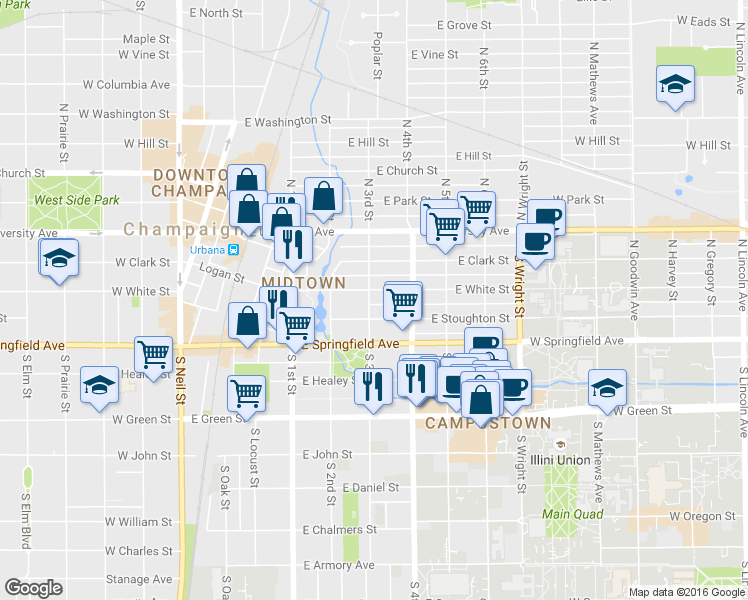 map of restaurants, bars, coffee shops, grocery stores, and more near 308 East White Street in Champaign