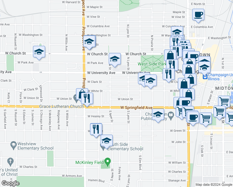 map of restaurants, bars, coffee shops, grocery stores, and more near 618 West White Street in Champaign