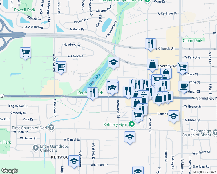 map of restaurants, bars, coffee shops, grocery stores, and more near 2502 West Springfield Avenue in Champaign