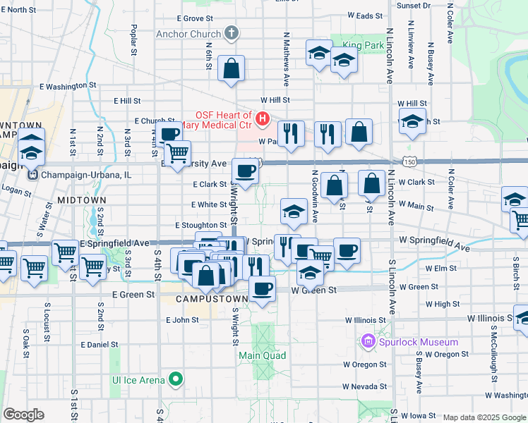 map of restaurants, bars, coffee shops, grocery stores, and more near 205 North Mathews Avenue in Urbana