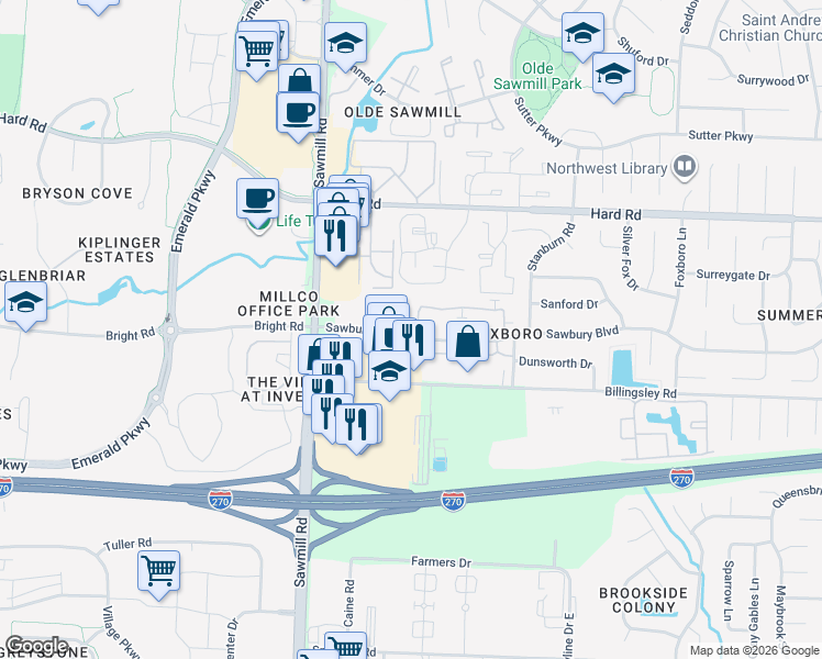 map of restaurants, bars, coffee shops, grocery stores, and more near 2649 Sandbury Boulevard in Columbus