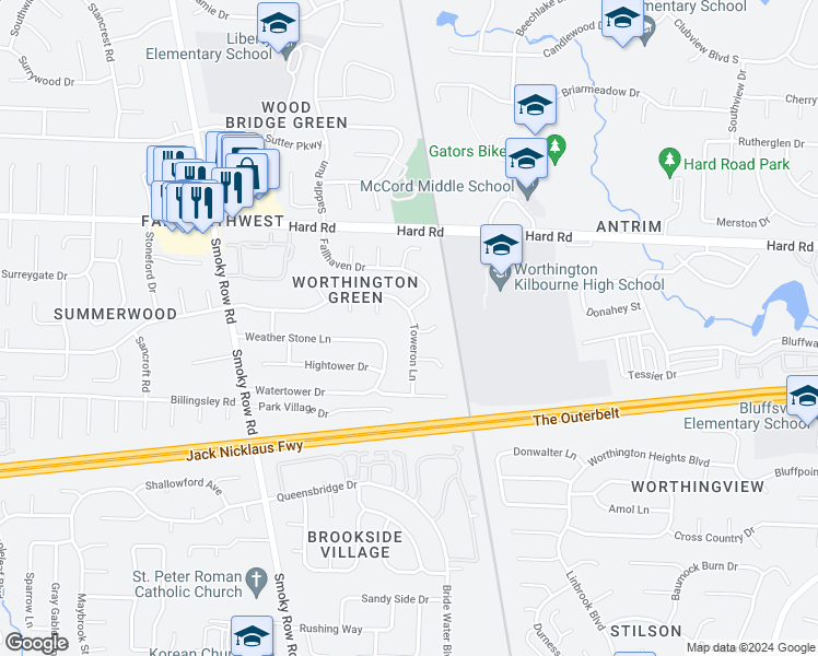 map of restaurants, bars, coffee shops, grocery stores, and more near 7635 Toweron Lane in Columbus