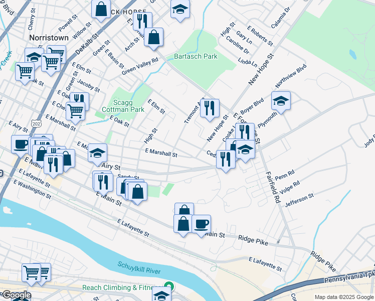 map of restaurants, bars, coffee shops, grocery stores, and more near 729 East Oak Street in Norristown