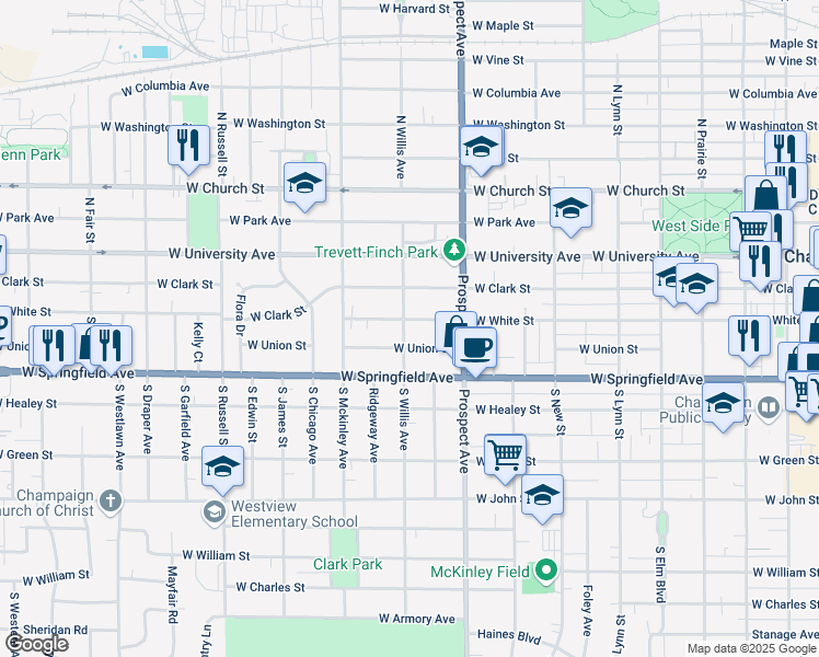 map of restaurants, bars, coffee shops, grocery stores, and more near 918 West White Street in Champaign