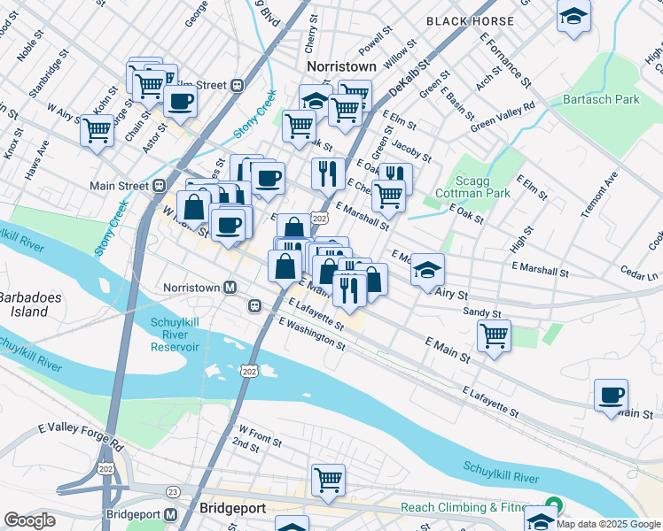 map of restaurants, bars, coffee shops, grocery stores, and more near 211 East Penn Street in Norristown