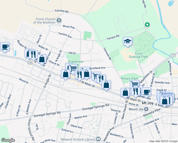 map of restaurants, bars, coffee shops, grocery stores, and more near 44 Springville Road in Mount Joy