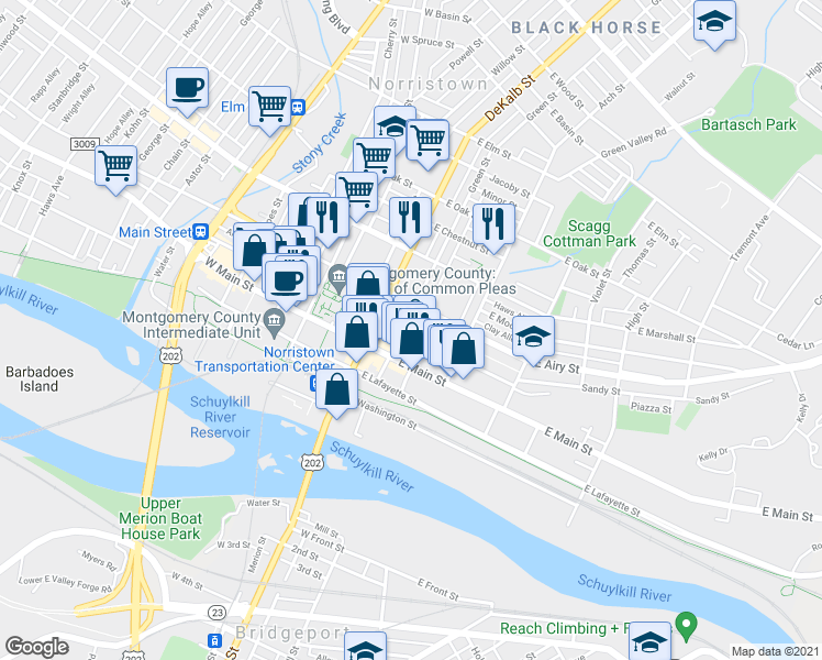 map of restaurants, bars, coffee shops, grocery stores, and more near 207 East Penn Street in Norristown
