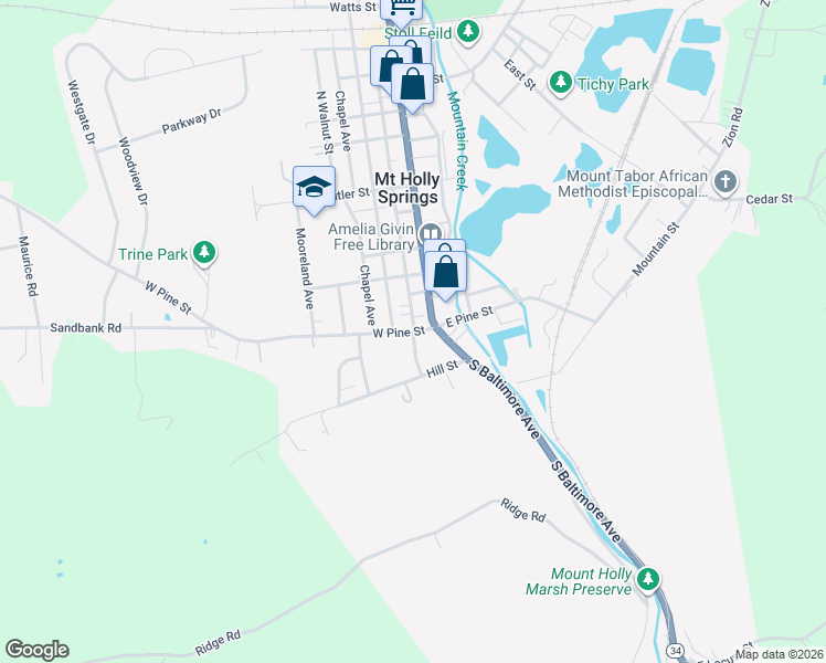 map of restaurants, bars, coffee shops, grocery stores, and more near 2 West Pine Street in Mount Holly Springs