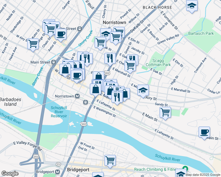 map of restaurants, bars, coffee shops, grocery stores, and more near 207 East Penn Street in Norristown