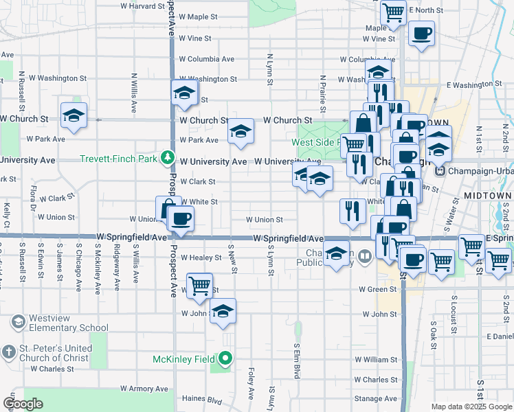 map of restaurants, bars, coffee shops, grocery stores, and more near 607 West White Street in Champaign