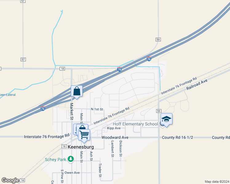 map of restaurants, bars, coffee shops, grocery stores, and more near 305 Evans Avenue in Keenesburg