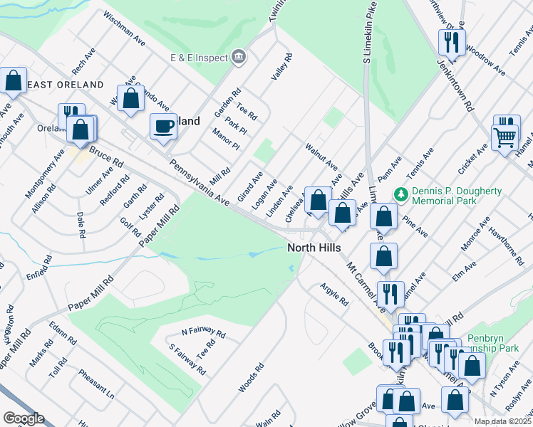 map of restaurants, bars, coffee shops, grocery stores, and more near 110 Linden Avenue in Glenside