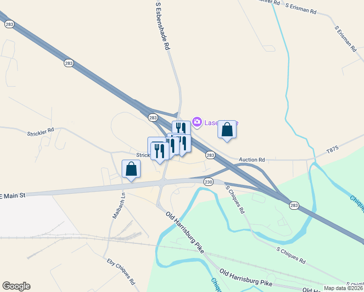 map of restaurants, bars, coffee shops, grocery stores, and more near 2201 Strickler Road in Manheim
