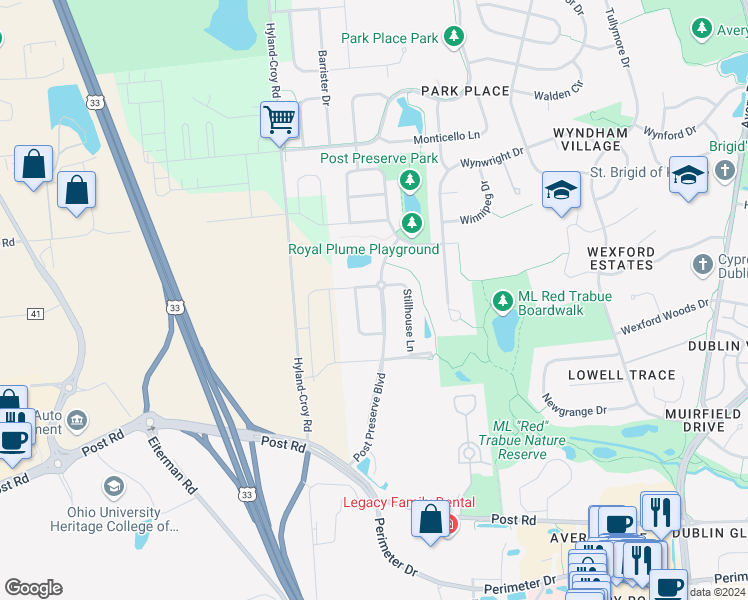 map of restaurants, bars, coffee shops, grocery stores, and more near 7061 Post Preserve Boulevard in Dublin