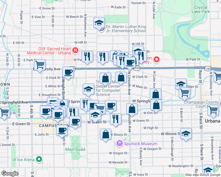map of restaurants, bars, coffee shops, grocery stores, and more near 208 North Harvey Street in Urbana