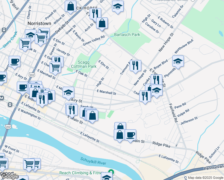 map of restaurants, bars, coffee shops, grocery stores, and more near 632 East Oak Street in Norristown