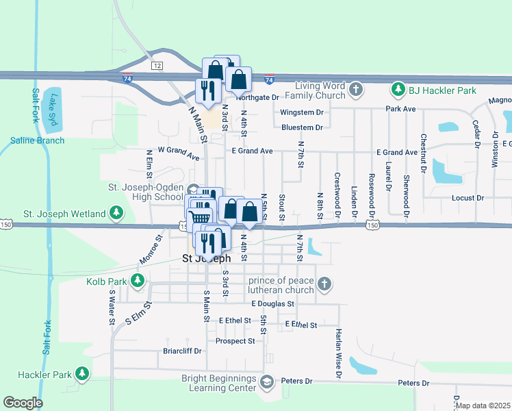 map of restaurants, bars, coffee shops, grocery stores, and more near 406 North 5th Street in Saint Joseph