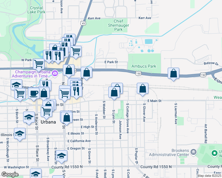 map of restaurants, bars, coffee shops, grocery stores, and more near 113 North Lynn Street in Urbana