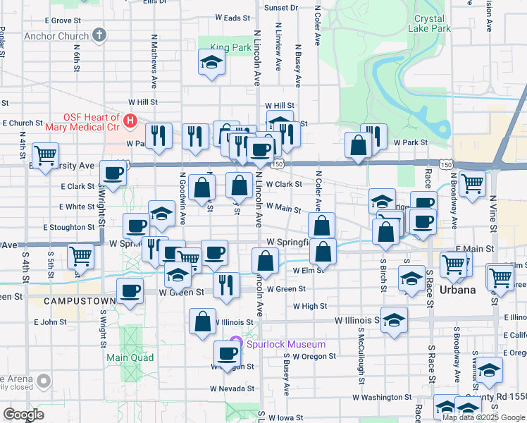 map of restaurants, bars, coffee shops, grocery stores, and more near in Urbana